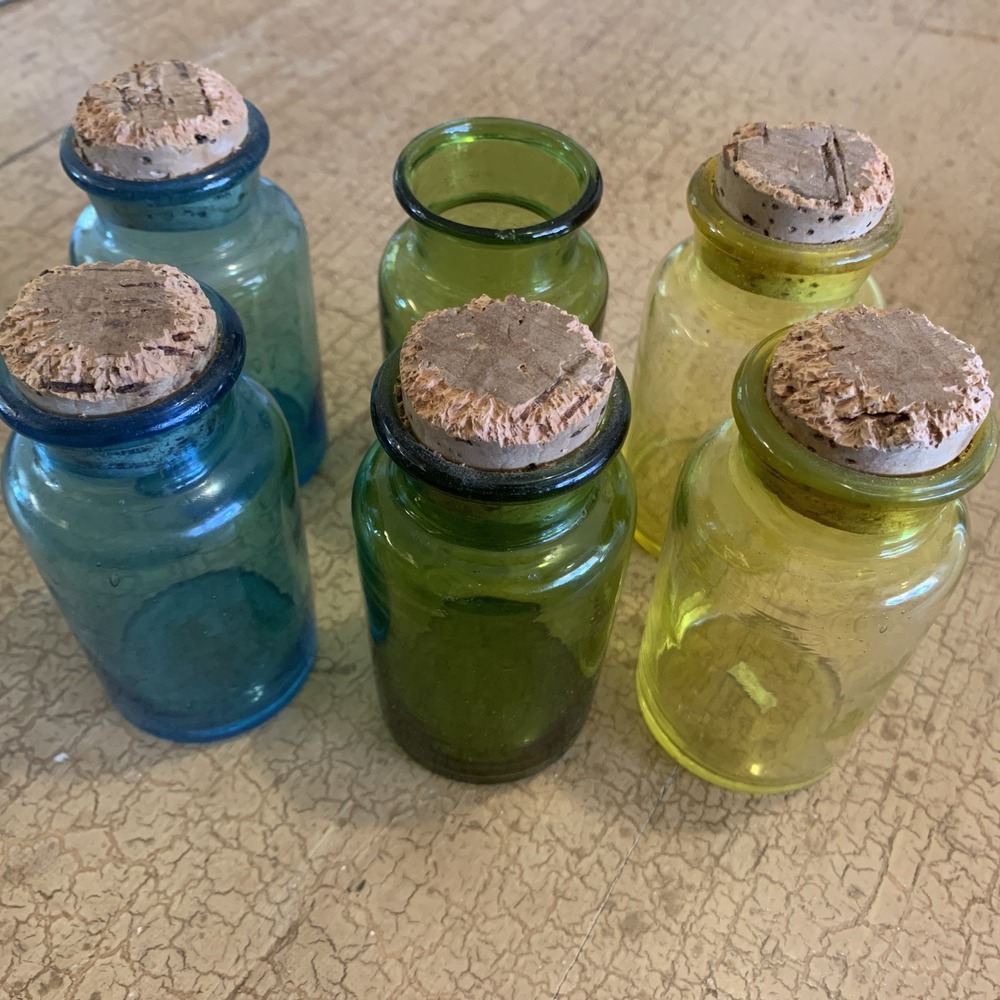 Vintage 6 Takahashi mix Colored Glass Bottles Apothecary Jars Cork Stoppers Rare